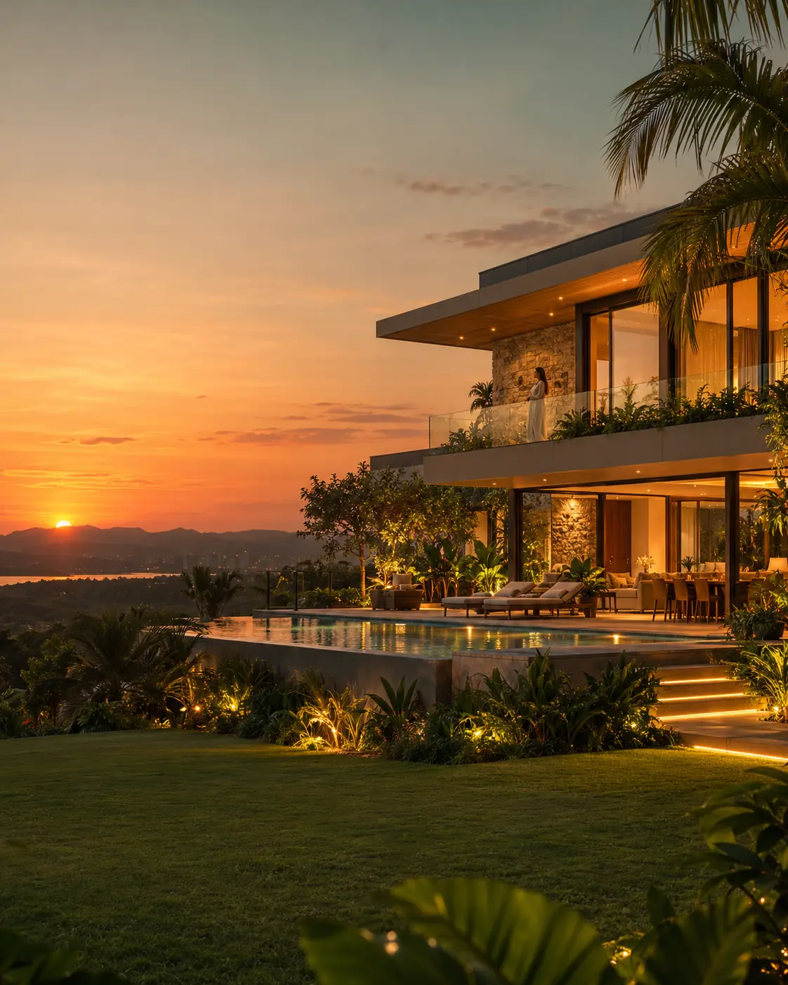 Casa iluminada ao pôr do sol, com piscina e jardim