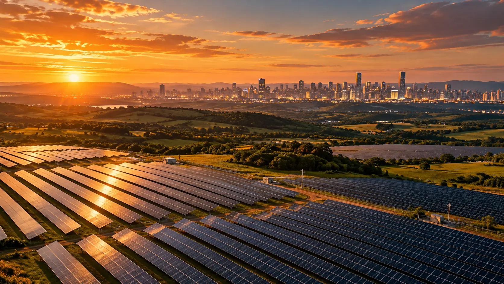 Usina solar ao pôr do sol, com a cidade no horizonte