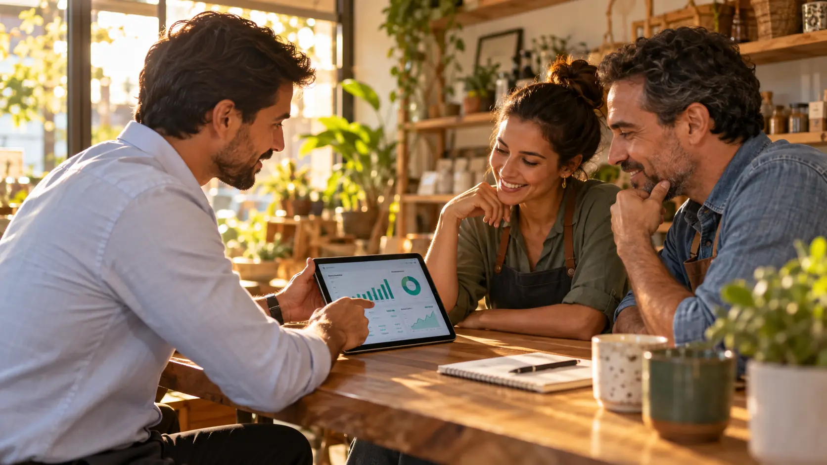 Licenciado mostrando indicadores num tablet a dois clientes