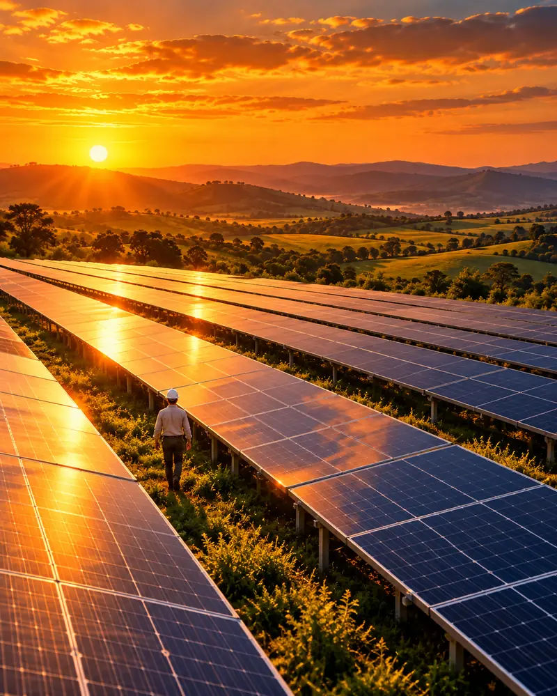 Técnico caminhando entre fileiras de painéis solares ao pôr do sol