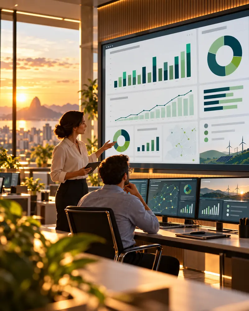 Equipe analisando painel de gestão de energia em uma tela grande