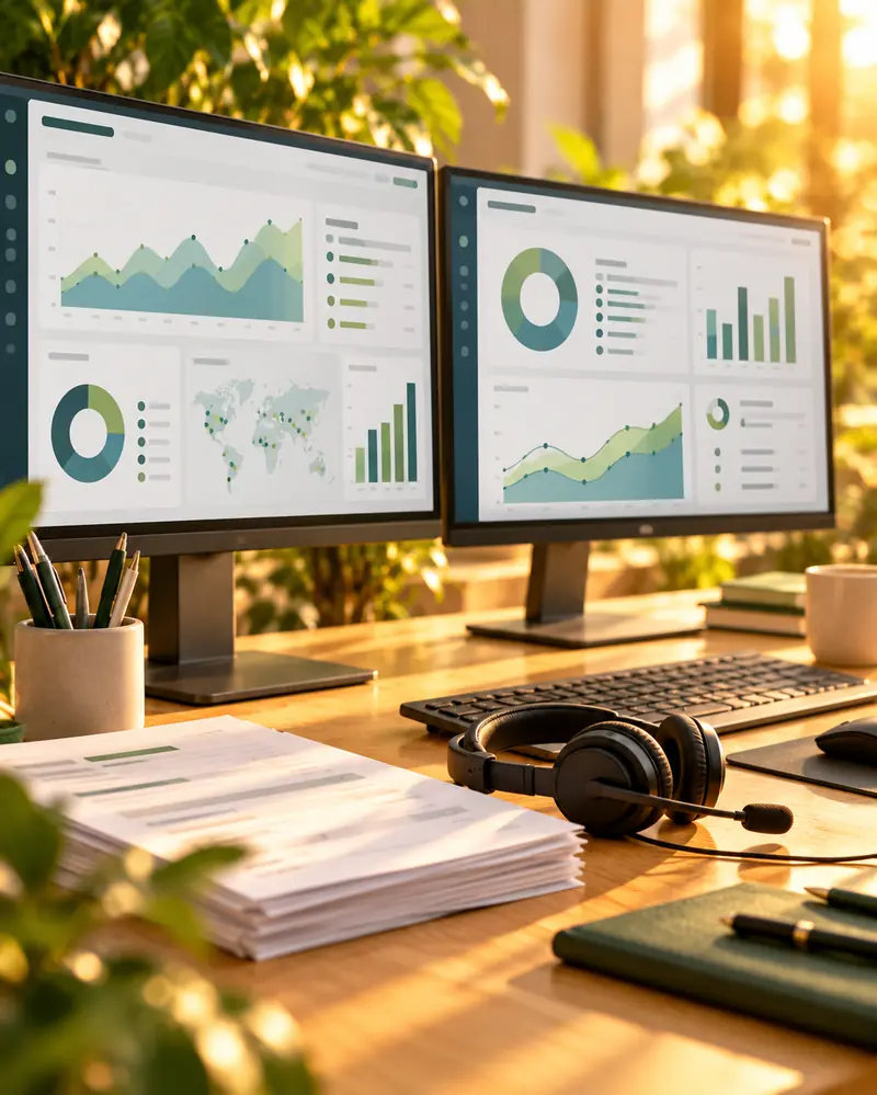 Mesa de trabalho com monitores, gráficos e pilha de faturas