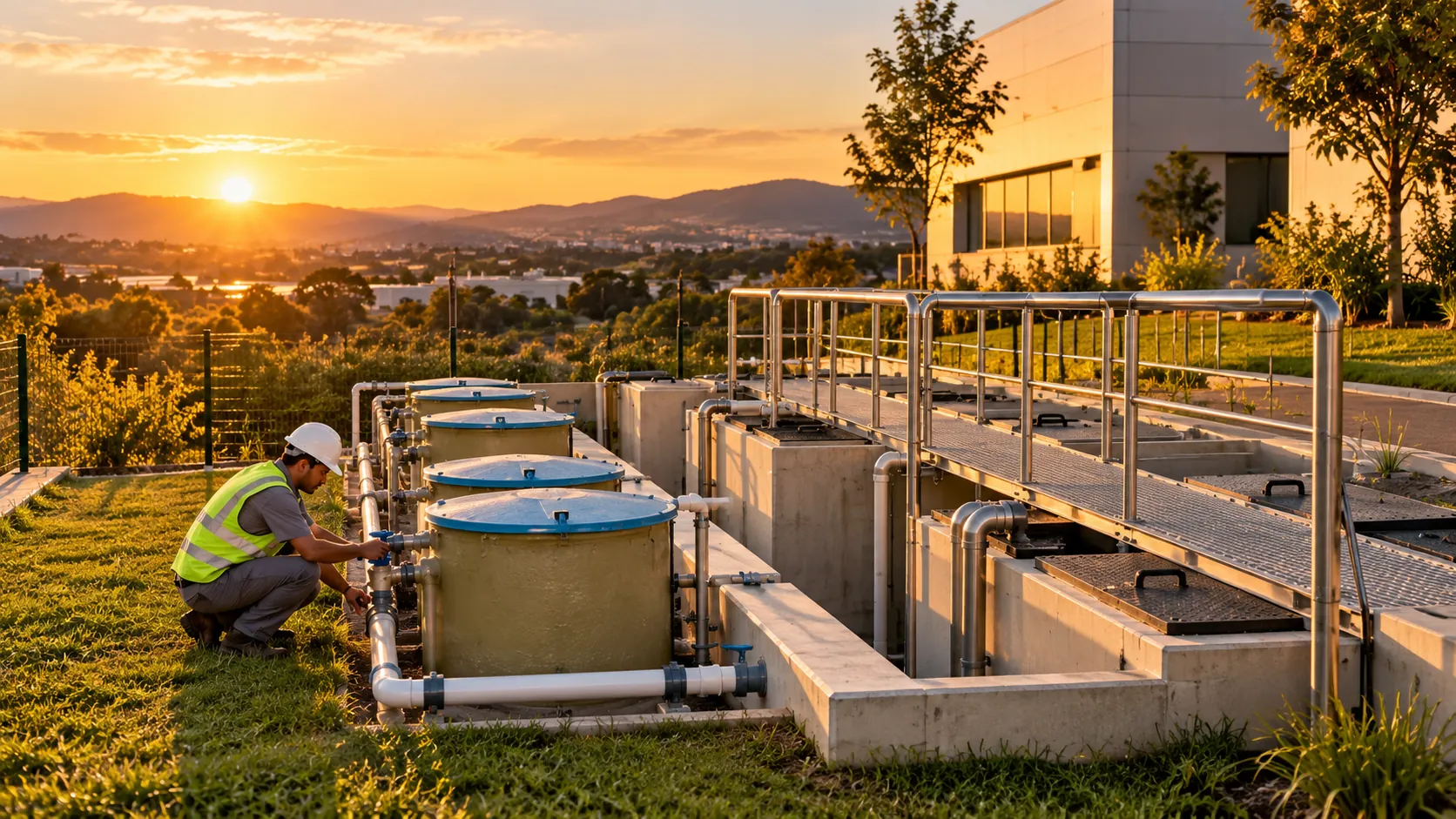 Técnico verificando válvulas de uma estação modular de tratamento de efluentes ao pôr do sol