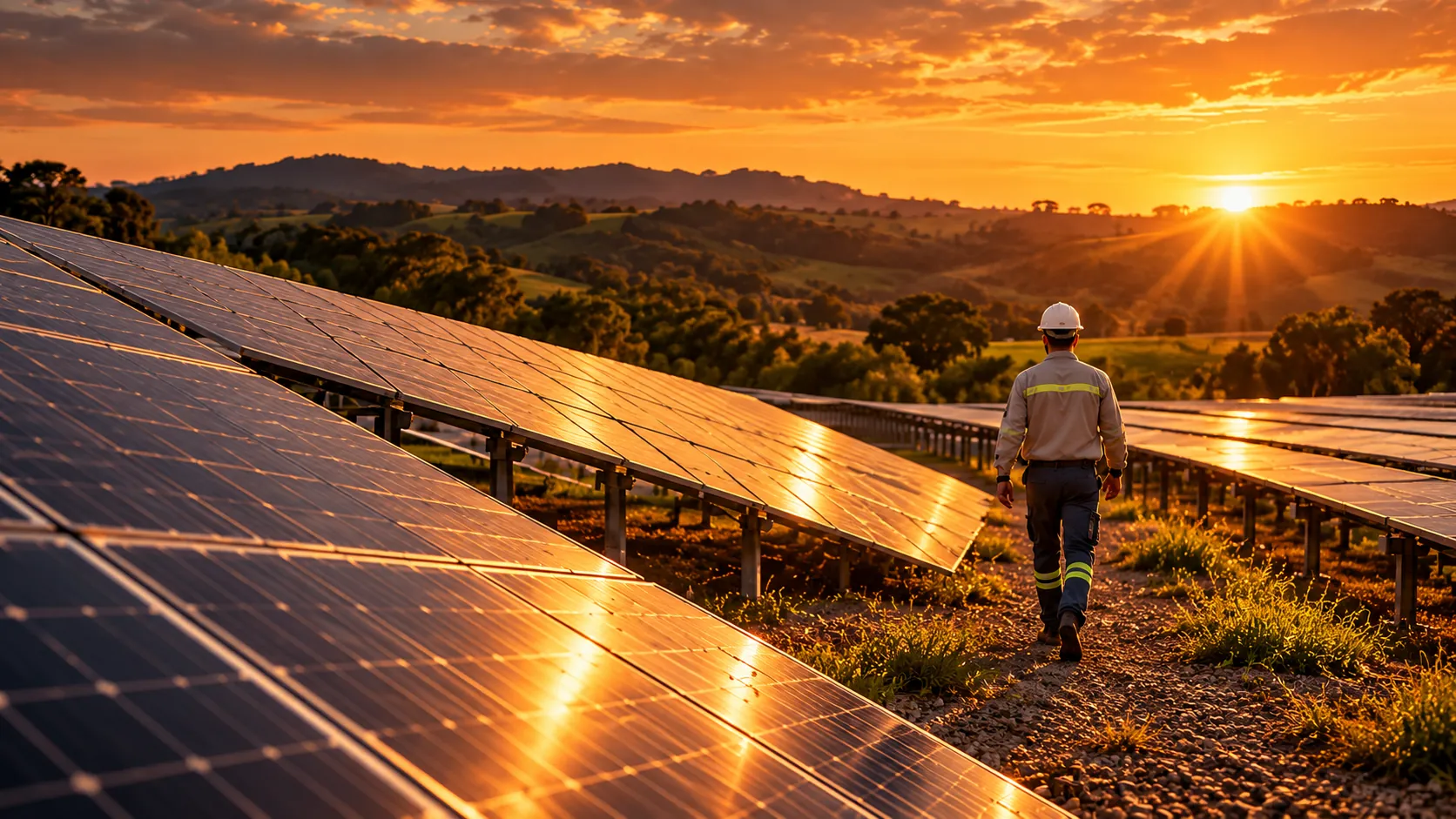 Técnico caminhando entre fileiras de painéis solares ao pôr do sol
