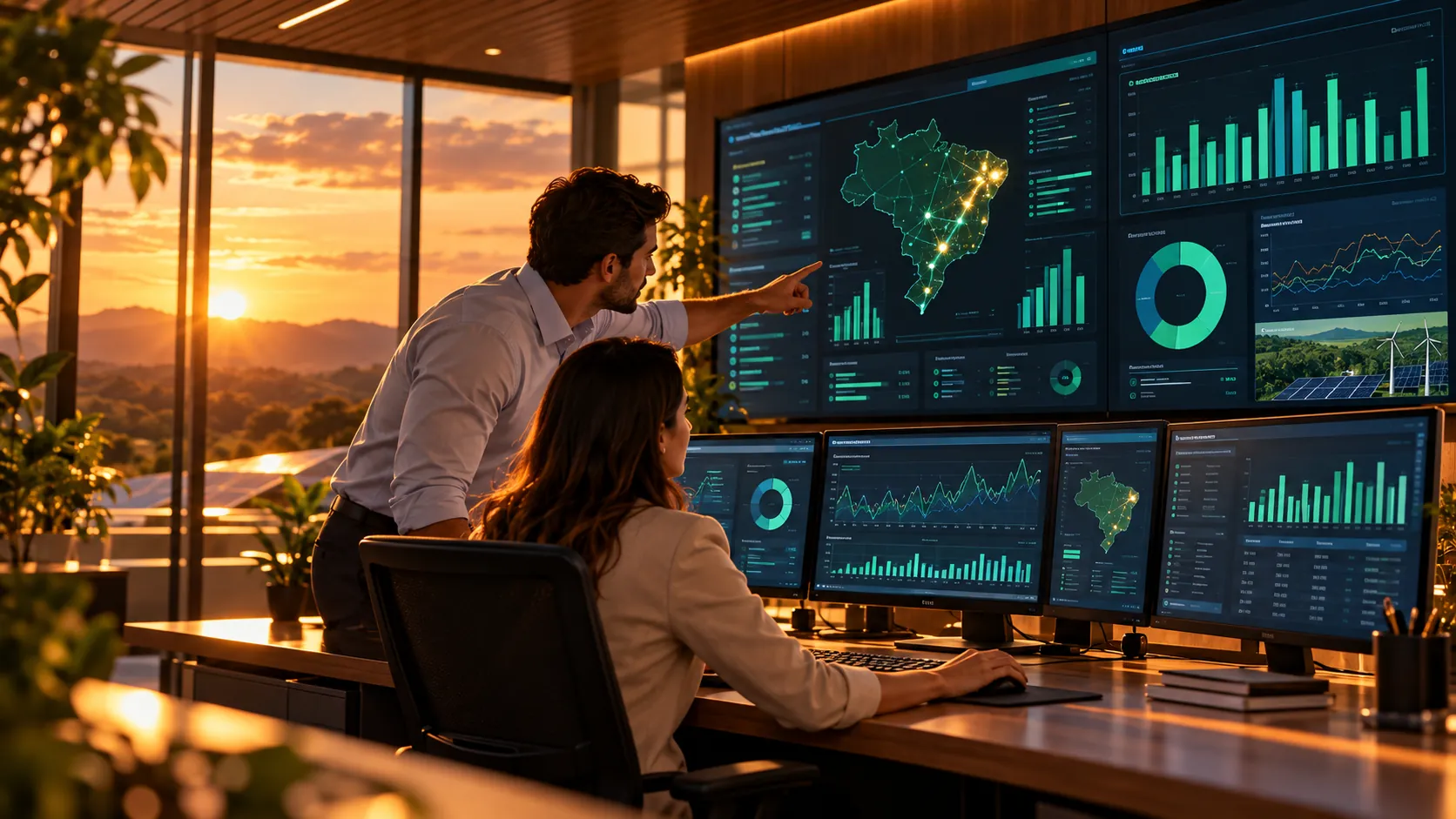 Analista apontando para um painel de gestão de energia com o mapa do Brasil, ao lado de uma colega