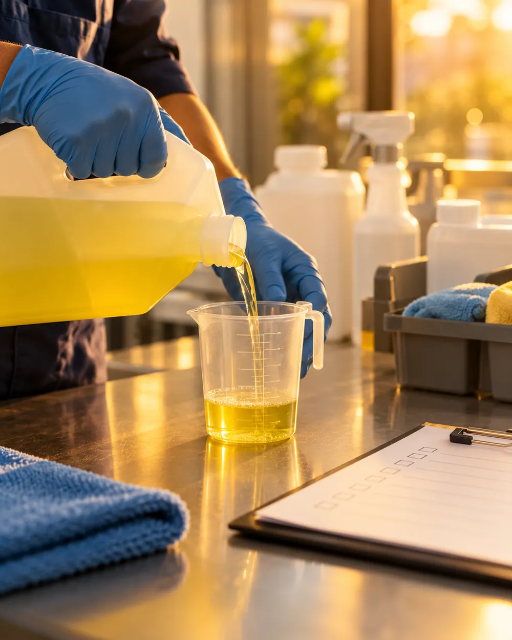 Mãos com luvas medindo a dosagem de um produto de limpeza em um copo graduado