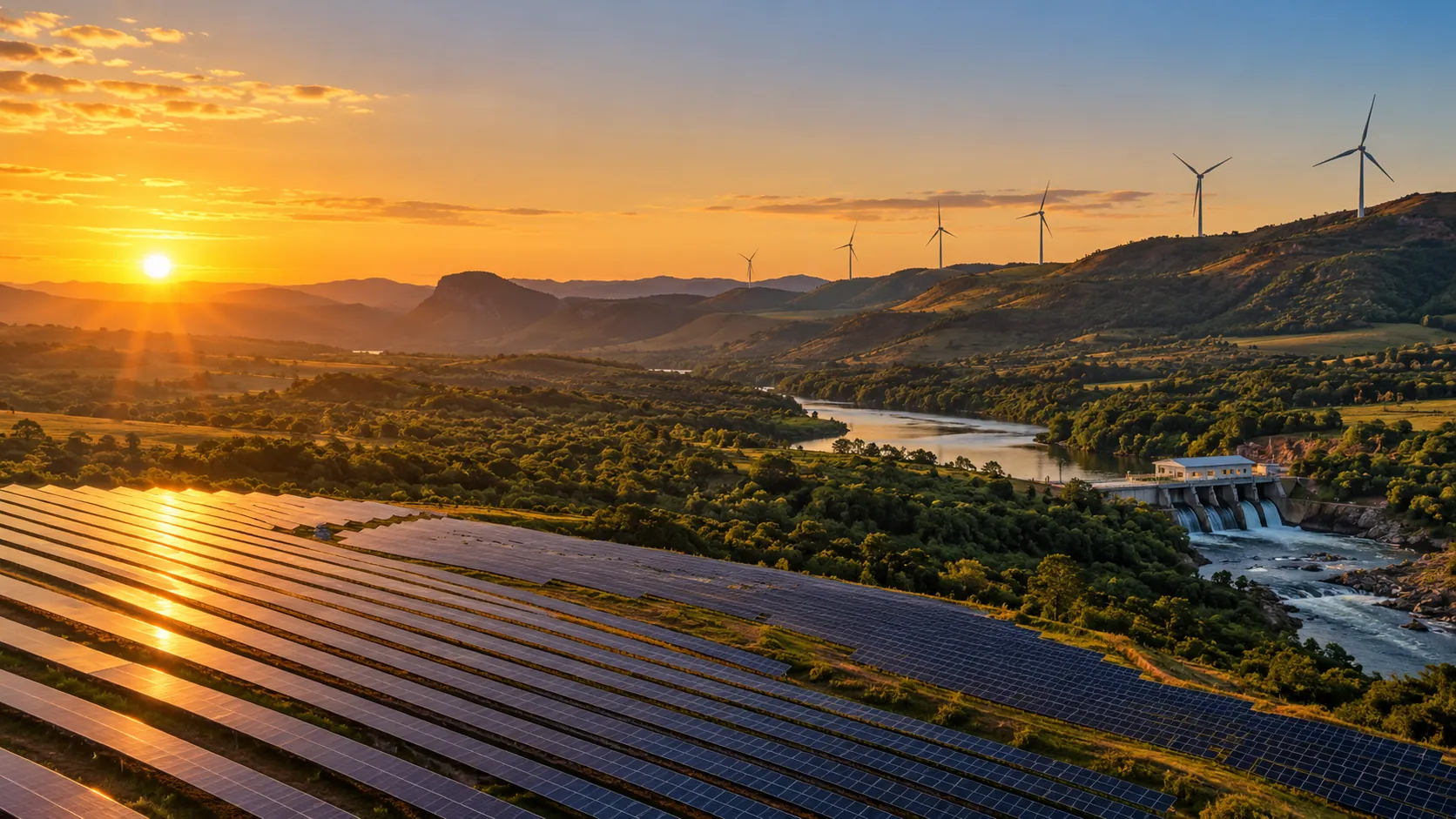 Usina solar em primeiro plano, central hidrelétrica no rio e aerogeradores na serra, ao pôr do sol